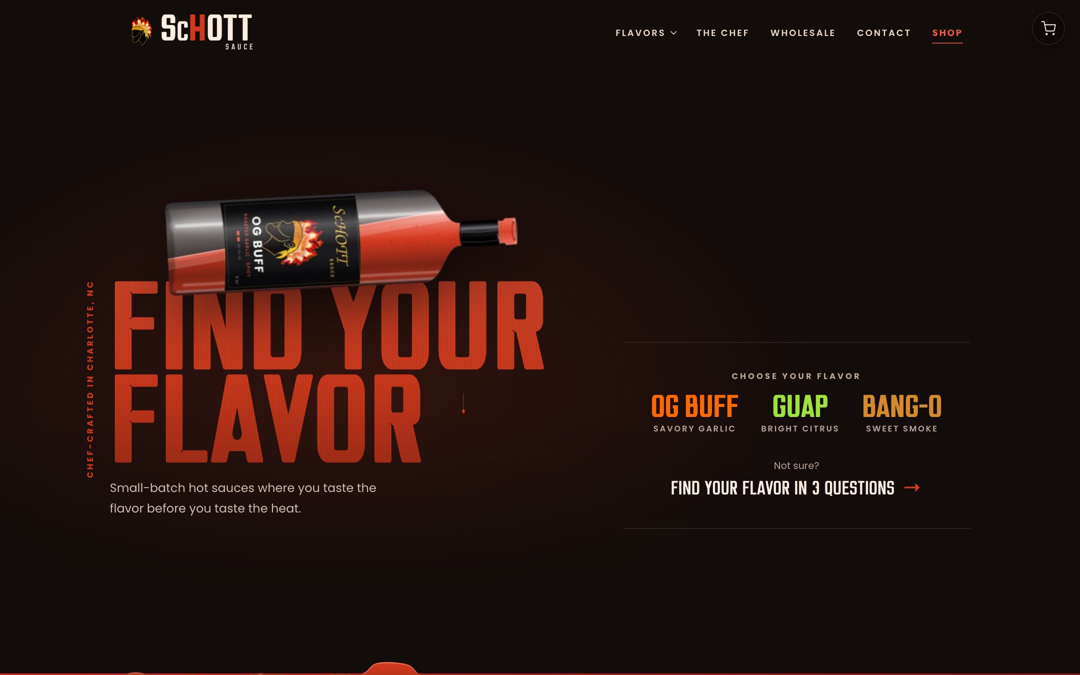 The ScHott Sauce home page: the bottle tips into Find your flavor.