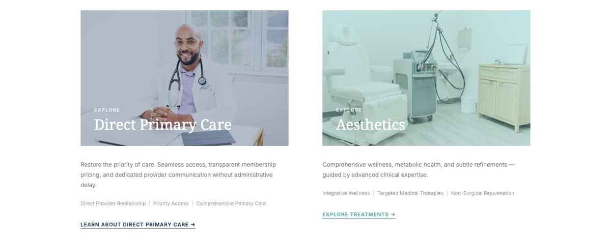 Two doors under the hero: Direct Primary Care and Aesthetics, each with its own description and link.