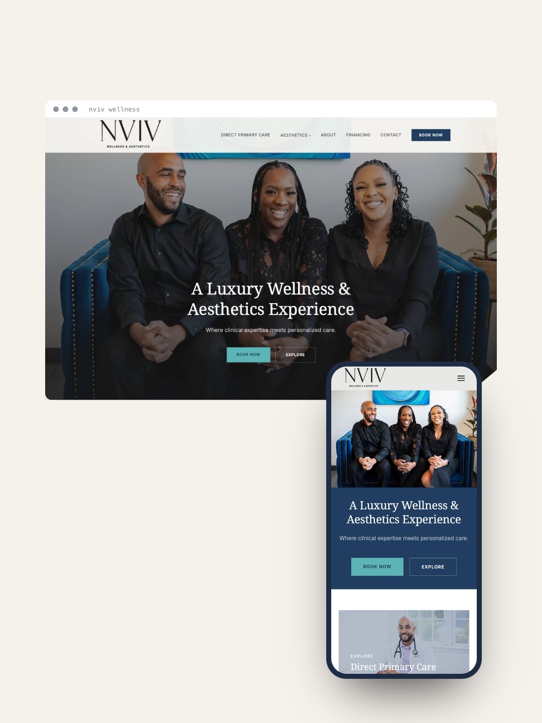 The NVIV Wellness site on a laptop and a phone, on its own cream background.