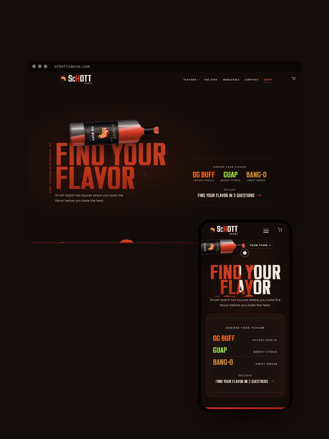 The ScHott Sauce site on a laptop and a phone, on its own dark background.
