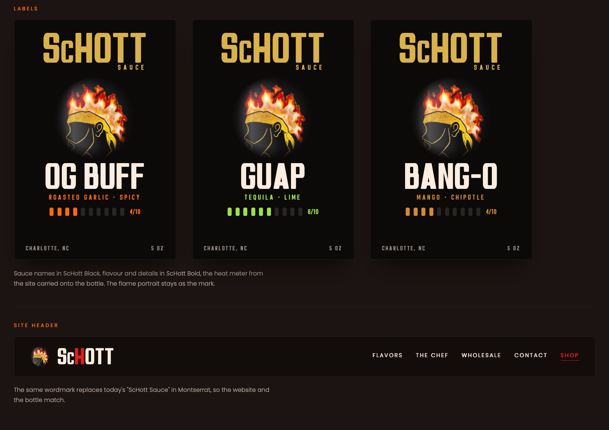 Three bottle labels in the new face: OG Buff, Guap and Bang-O, each with a heat meter.