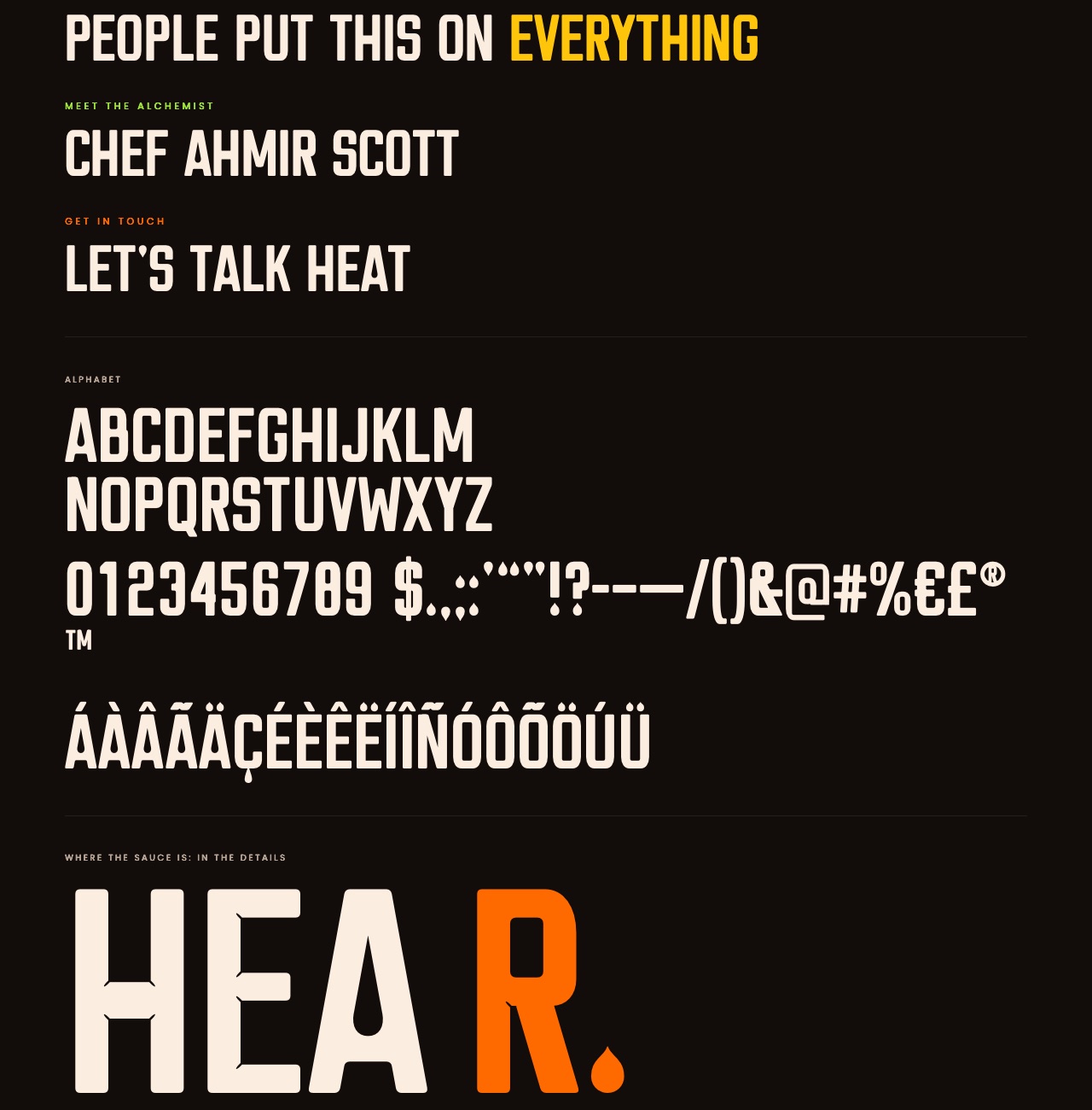The ScHott Condensed specimen: headlines, the alphabet, figures, and HEAR. with a drop.